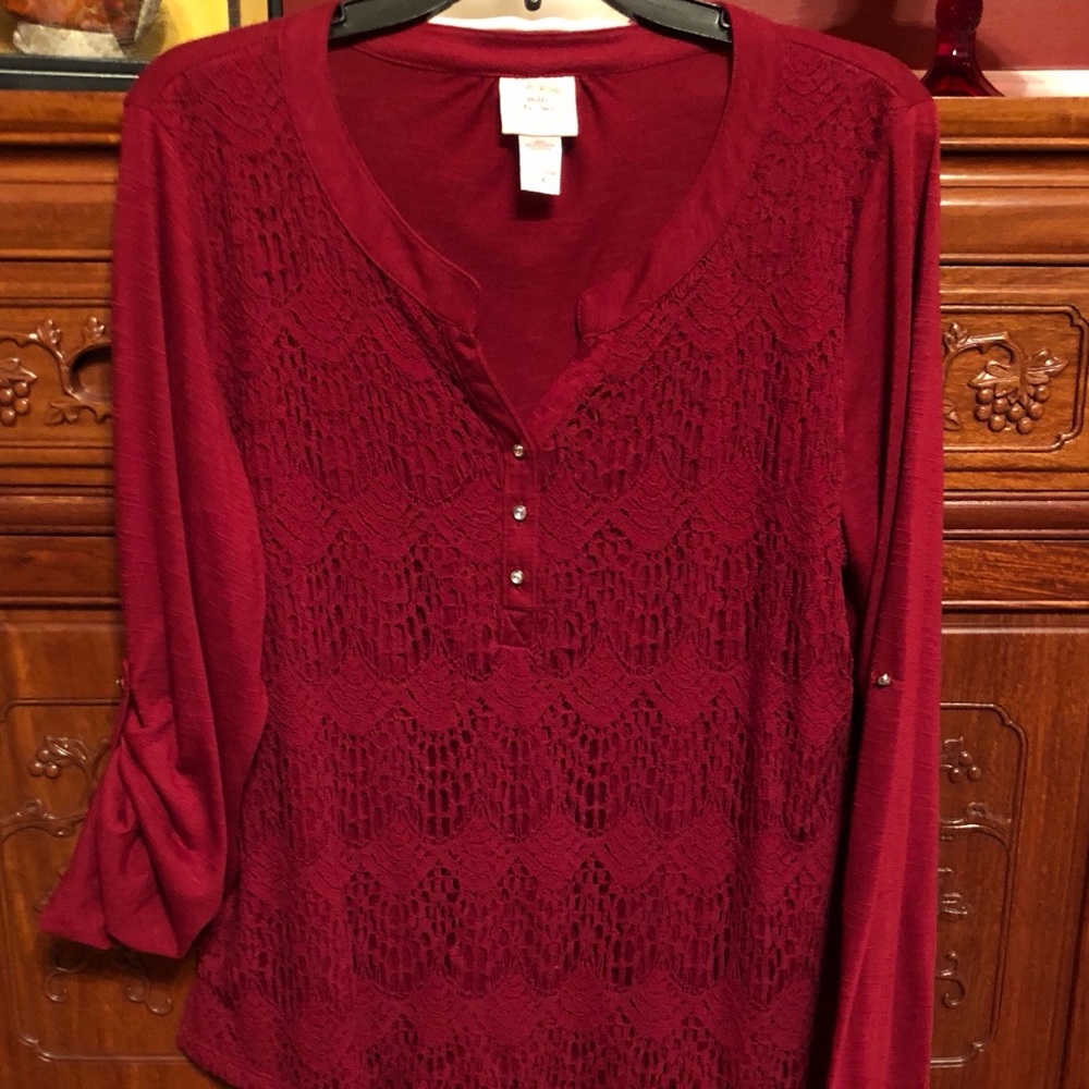 Red Lace Overlay Top w/ Rhinestone Buttons